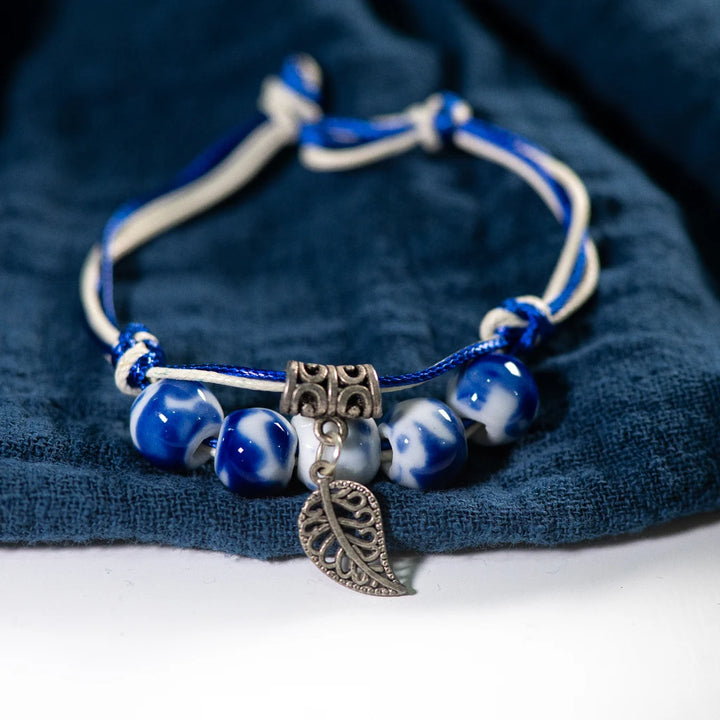 Retro-style ceramic bead bracelet with round blue and white beads.