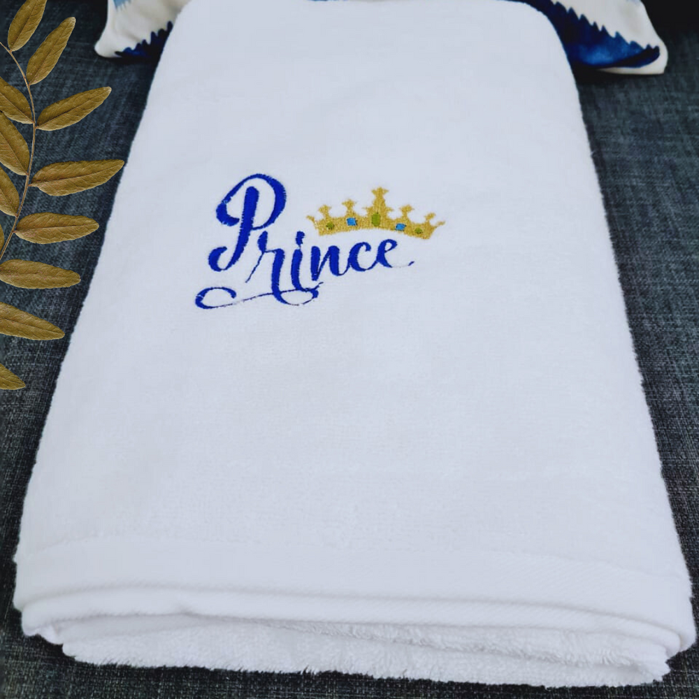 Luxurious 100% cotton Prince bath towel with blue embroidery, ideal for cute boys.