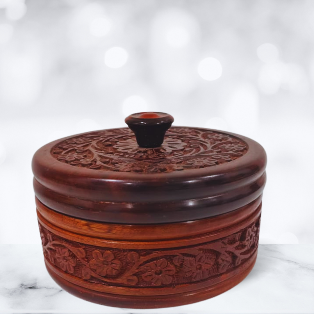 Rosewood Hand Carved Round Box, 13cm dia