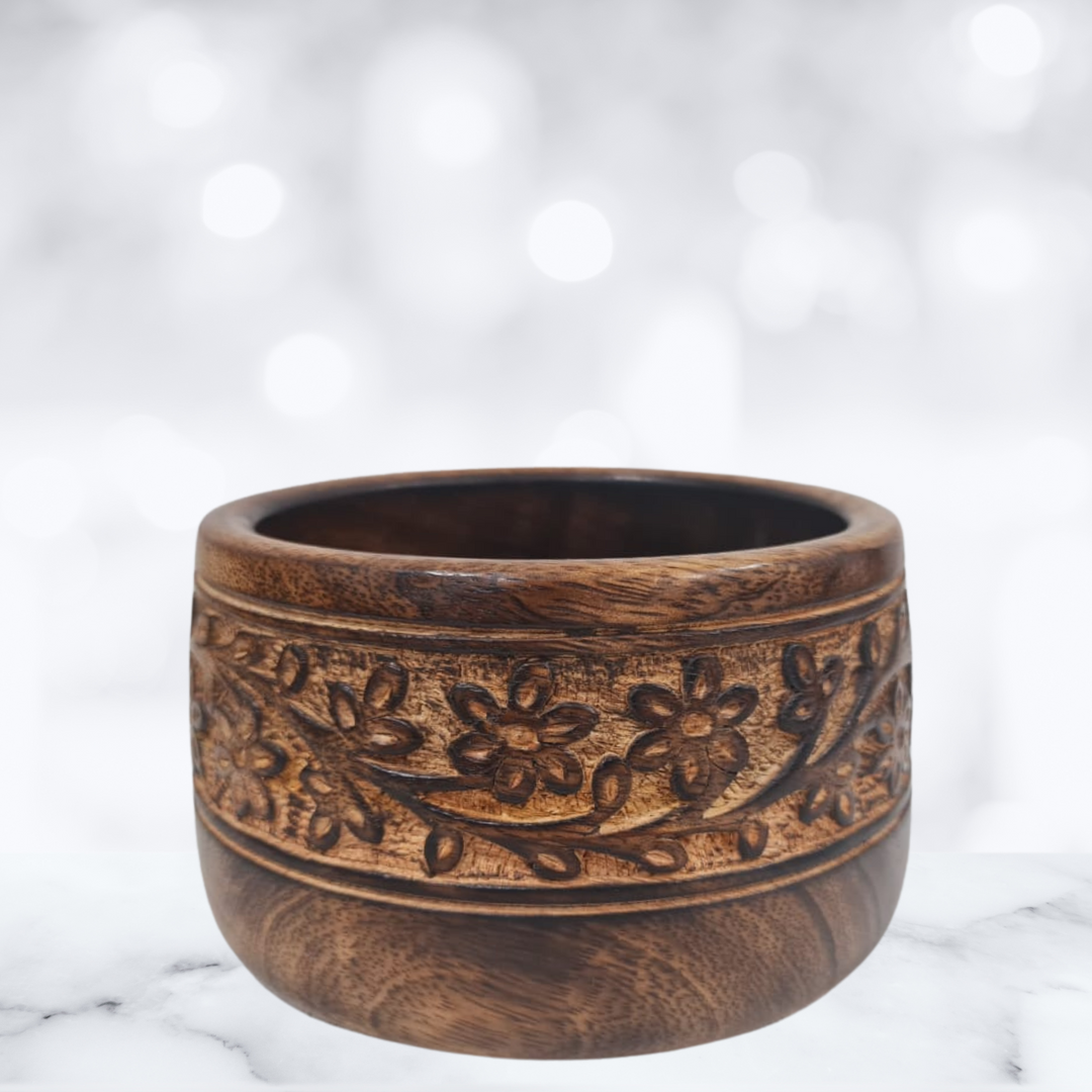 Floral Elegance Hand Carved Rosewood Bowl