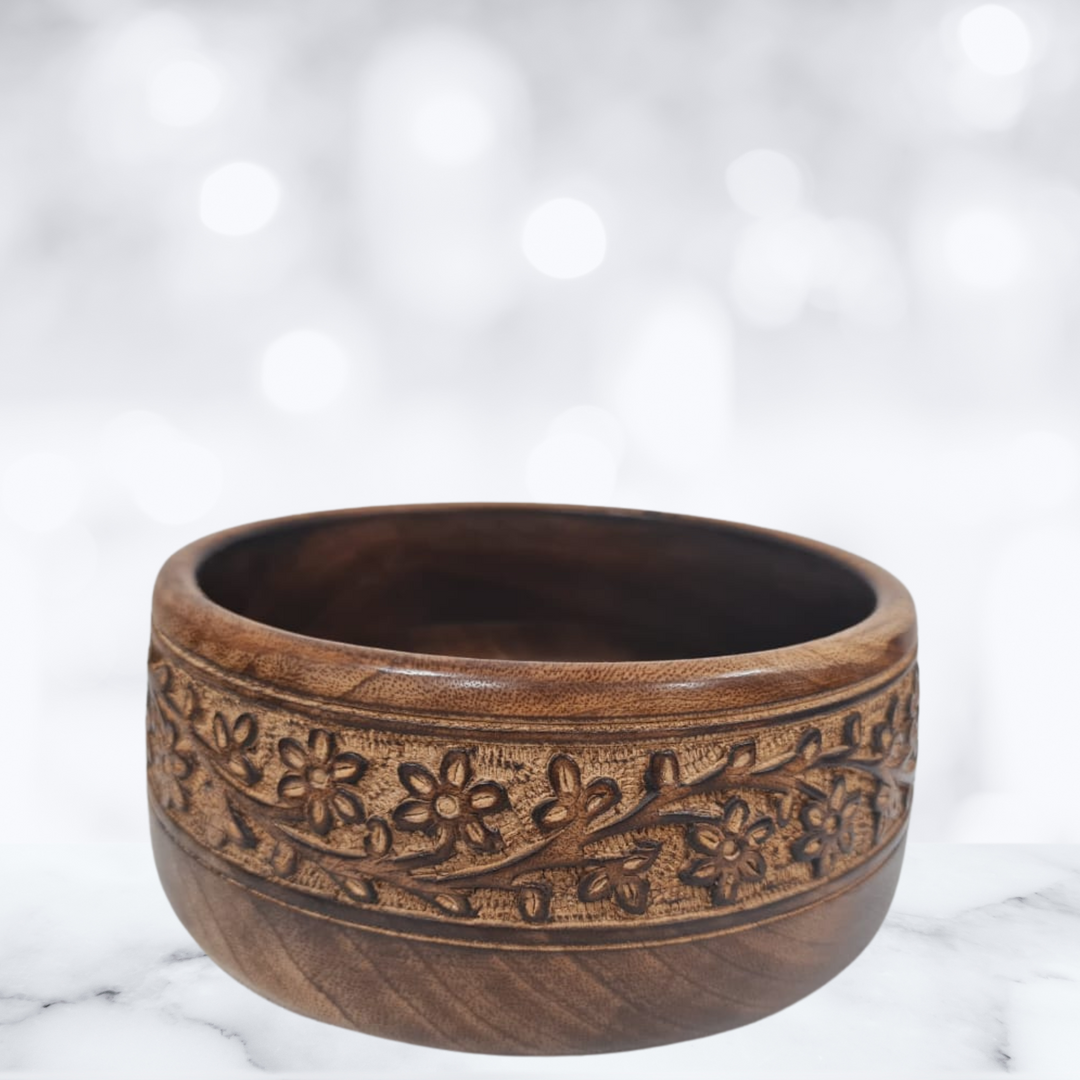 Floral Elegance Hand Carved Rosewood Bowl