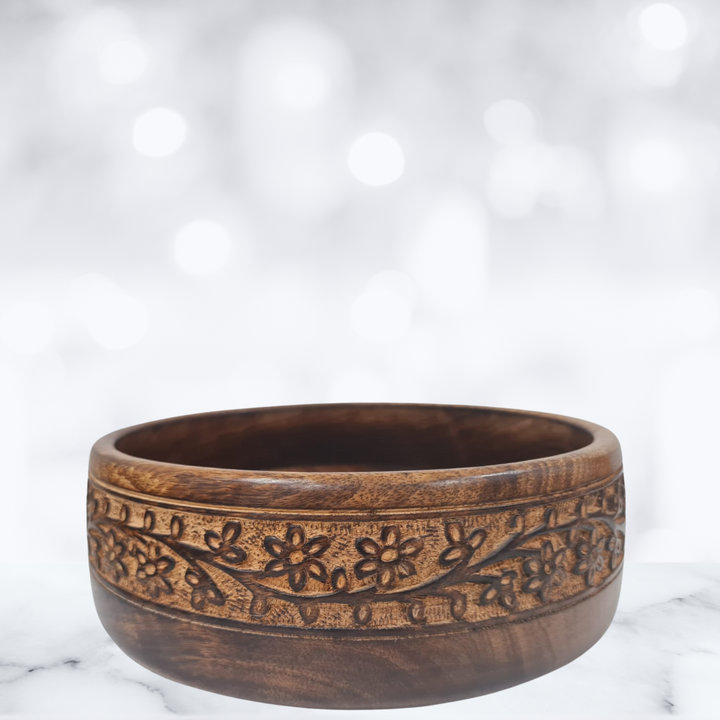 Floral Elegance Hand Carved Rosewood Serving Bowl Dia 20cm