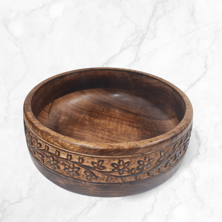 Floral Elegance Hand Carved Rosewood Serving Bowl Dia 20cm